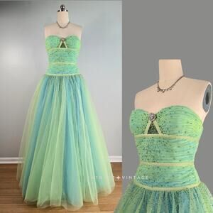 Vintage Prom Dress 10 Green Maxi Ball Gown Flirt Fairy Princess Bead Tulle Y2K